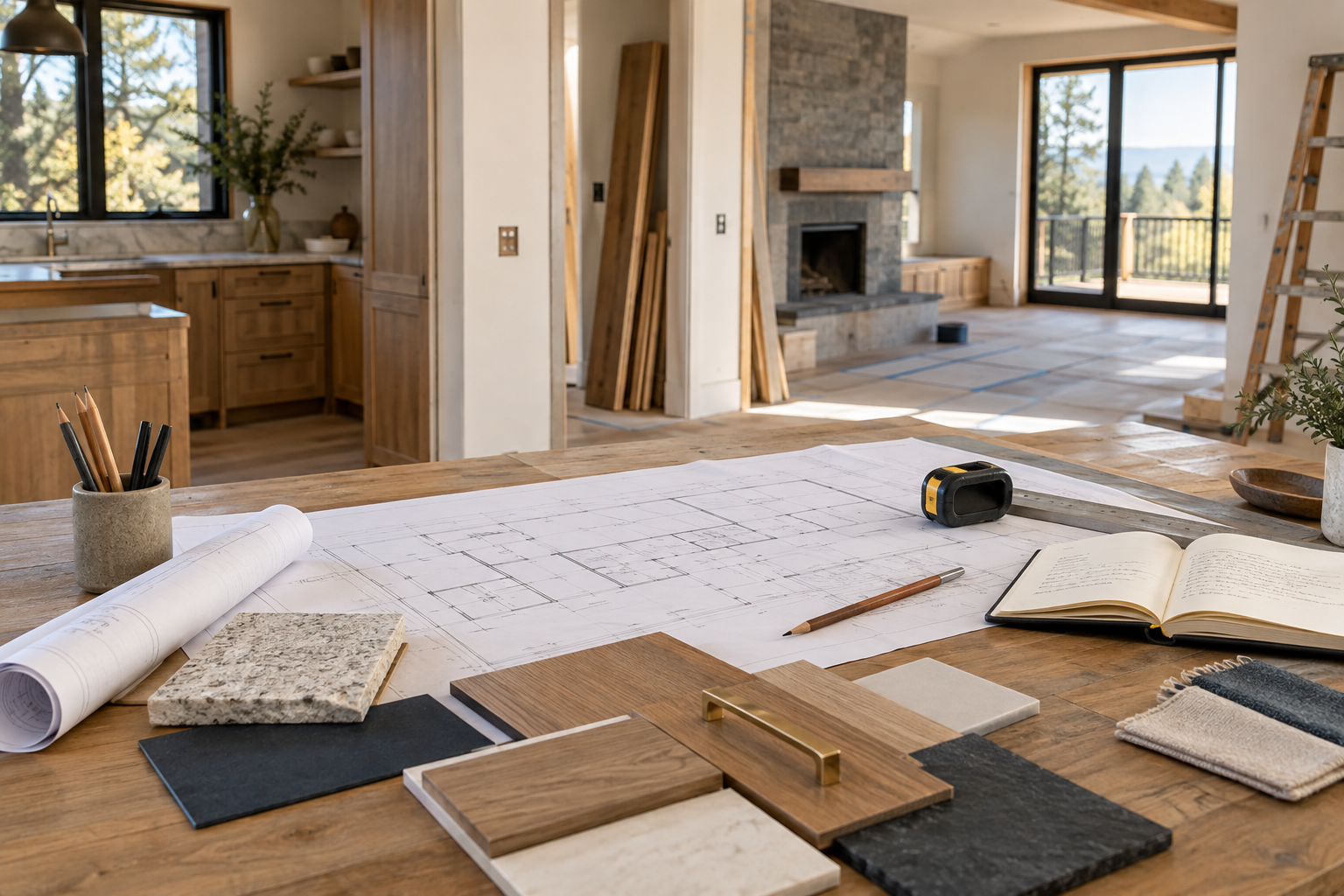 Architectural plans, finish samples, and measuring tools inside a warm-modern residential renovation