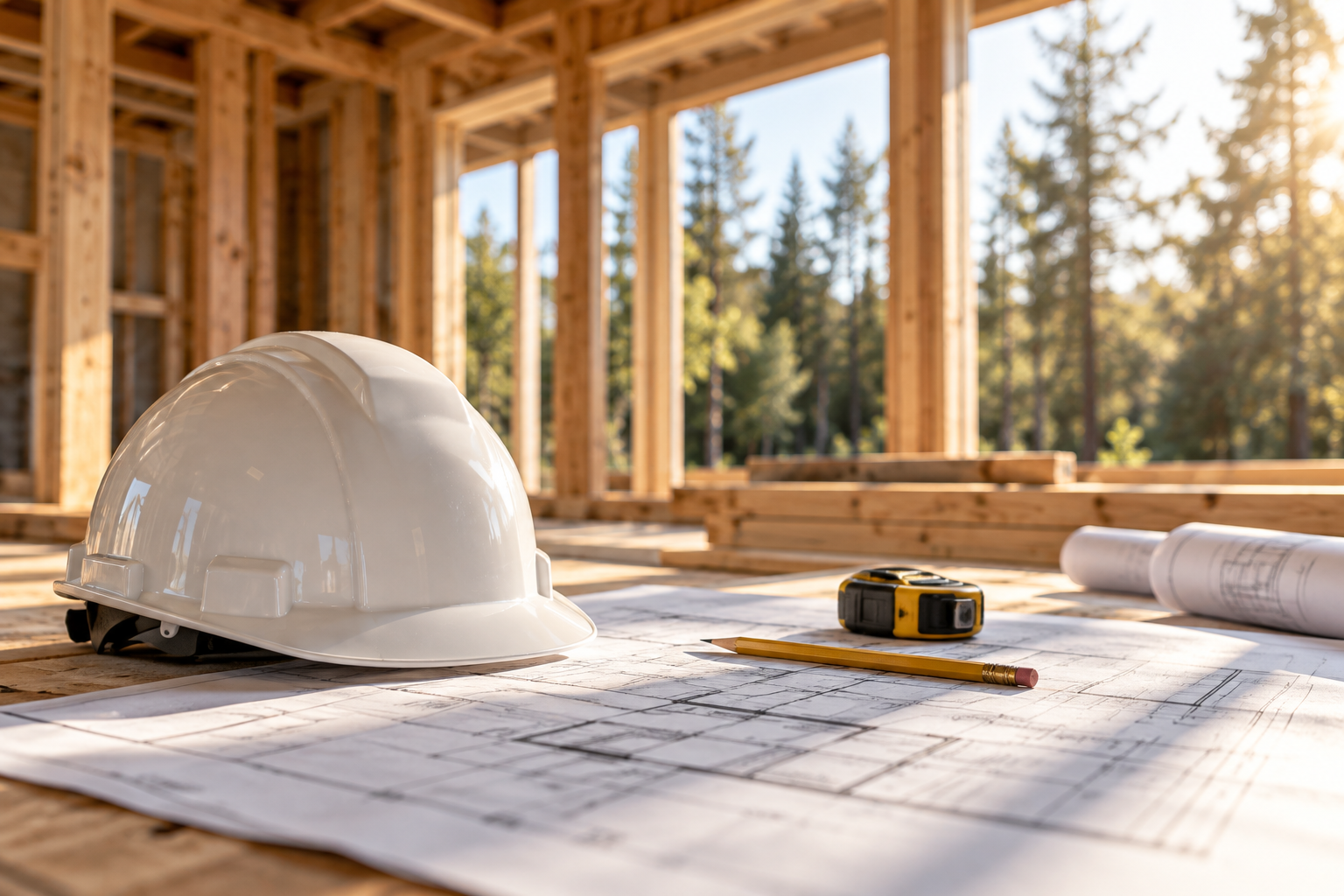 White hard hat and building plans inside a timber-framed home