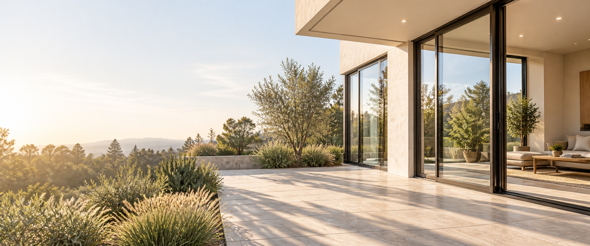 Modern home opening onto a landscaped stone patio