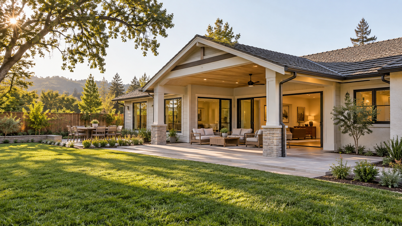 Completed rear home addition connected to a bright family room and covered patio