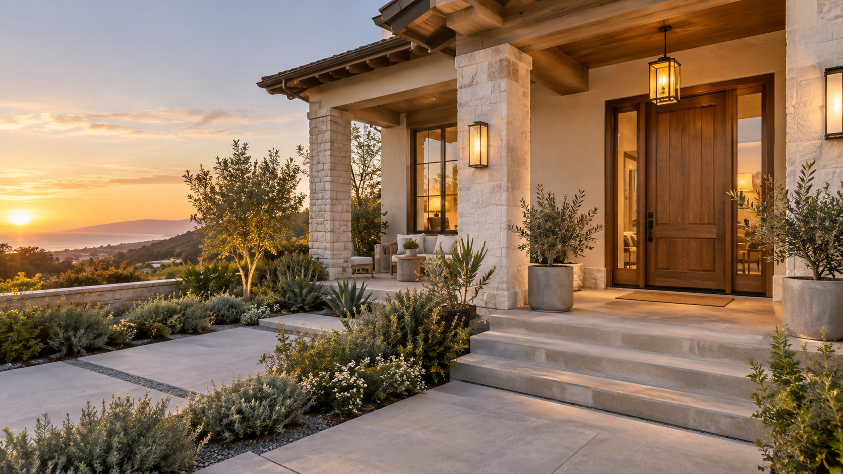 Welcoming remodeled residential entry at golden hour