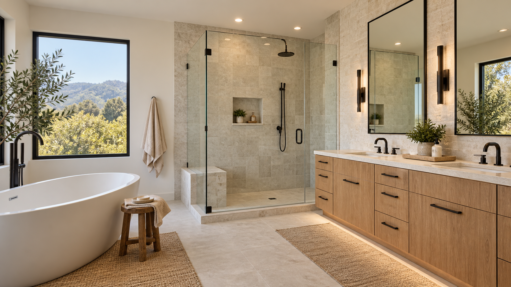 Completed primary bathroom with glass shower and warm wood vanity