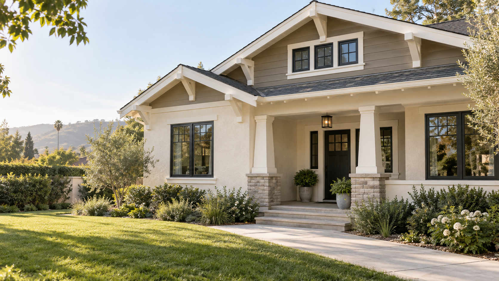 Freshly painted California Craftsman exterior with crisp trim
