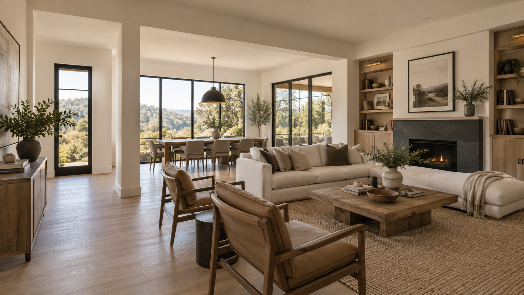 Completed open living and dining remodel with custom built-ins