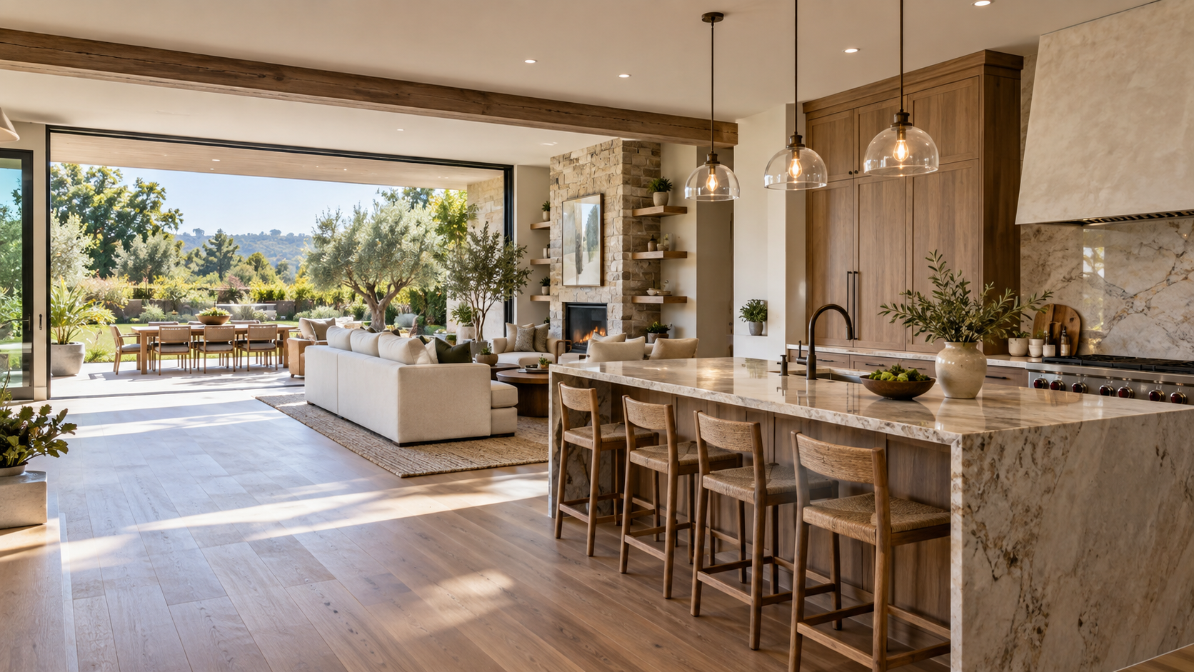 Completed open-plan home remodel connecting kitchen, living space, and patio
