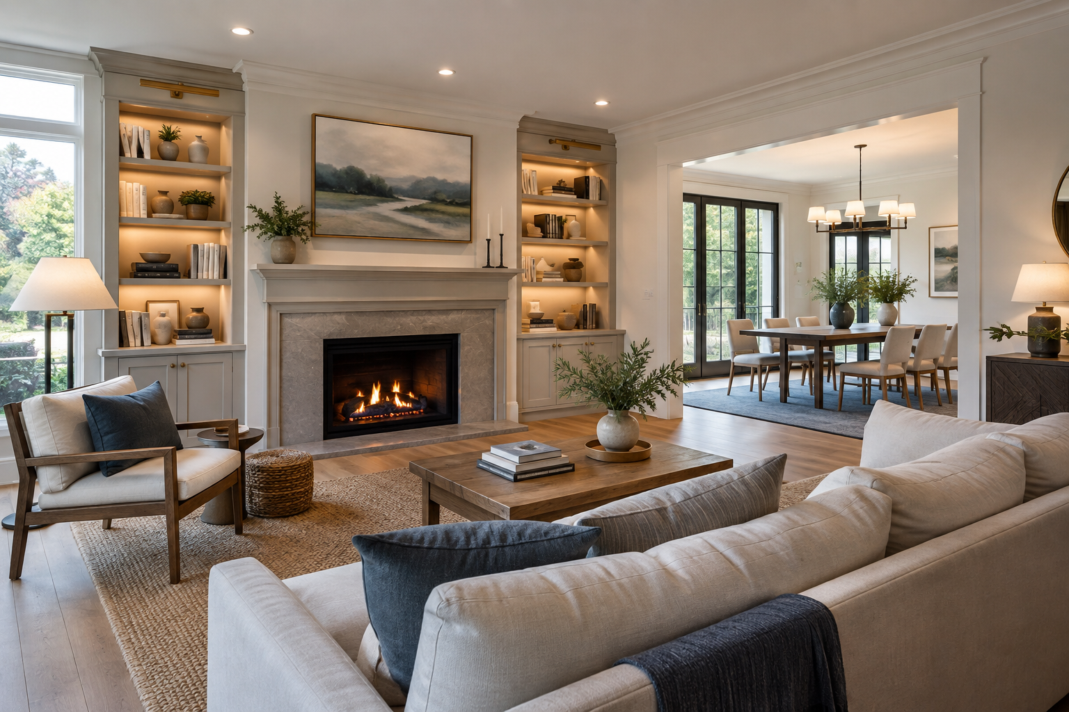 Completed living room remodel with custom built-ins, coordinated lighting, and an open dining connection