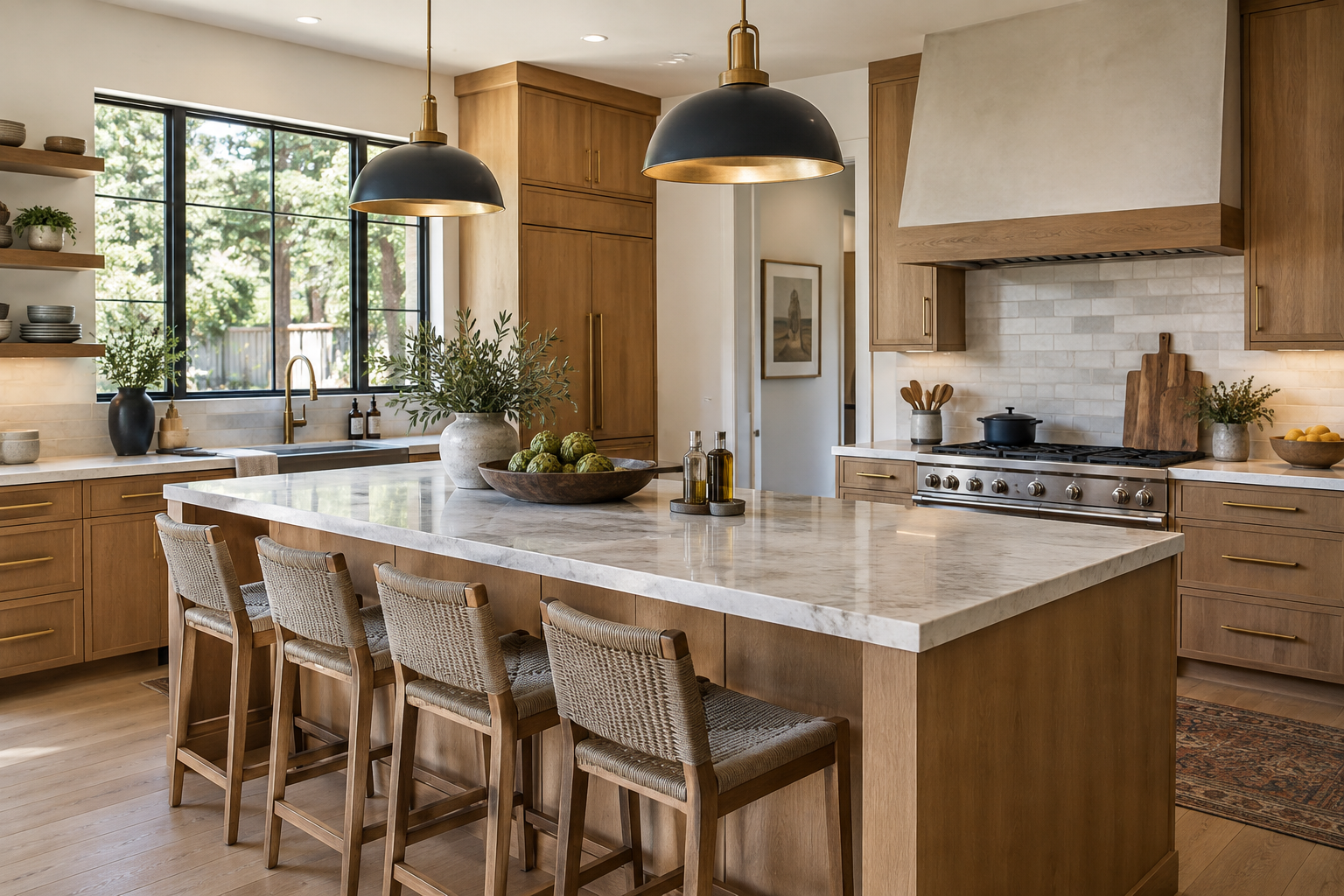 Completed warm-modern kitchen remodel with custom cabinetry, integrated storage, and a generous work island
