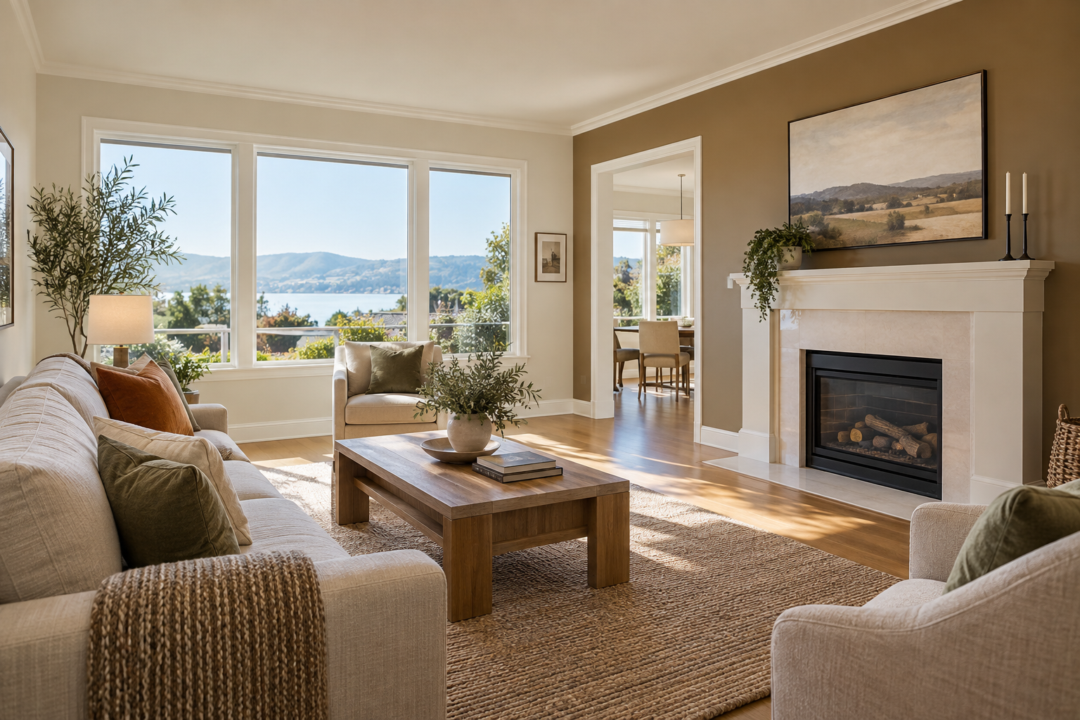 Professionally painted warm-white living room with a muted bronze accent wall