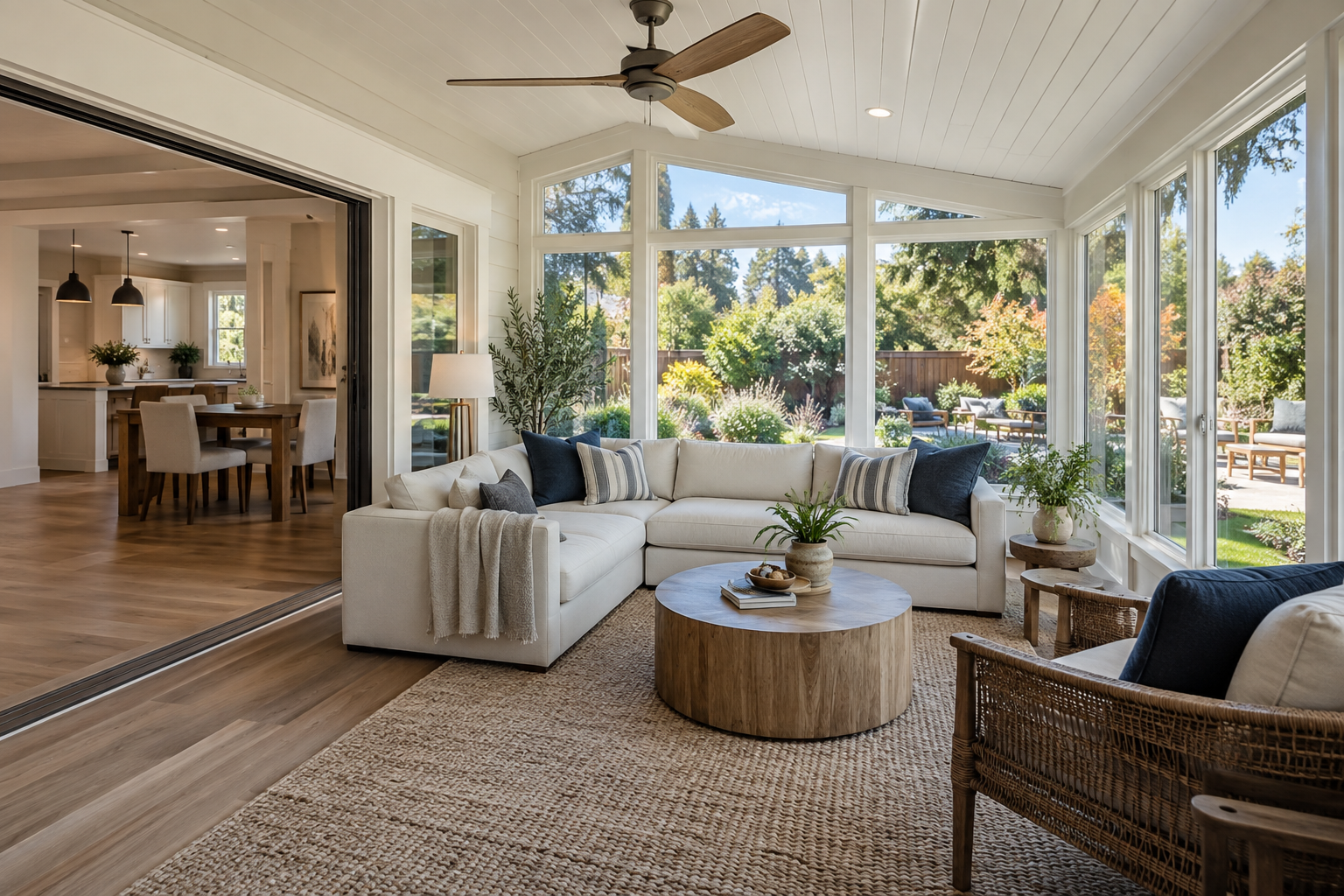Completed enclosed patio conversion with a bright family room connected to the original home