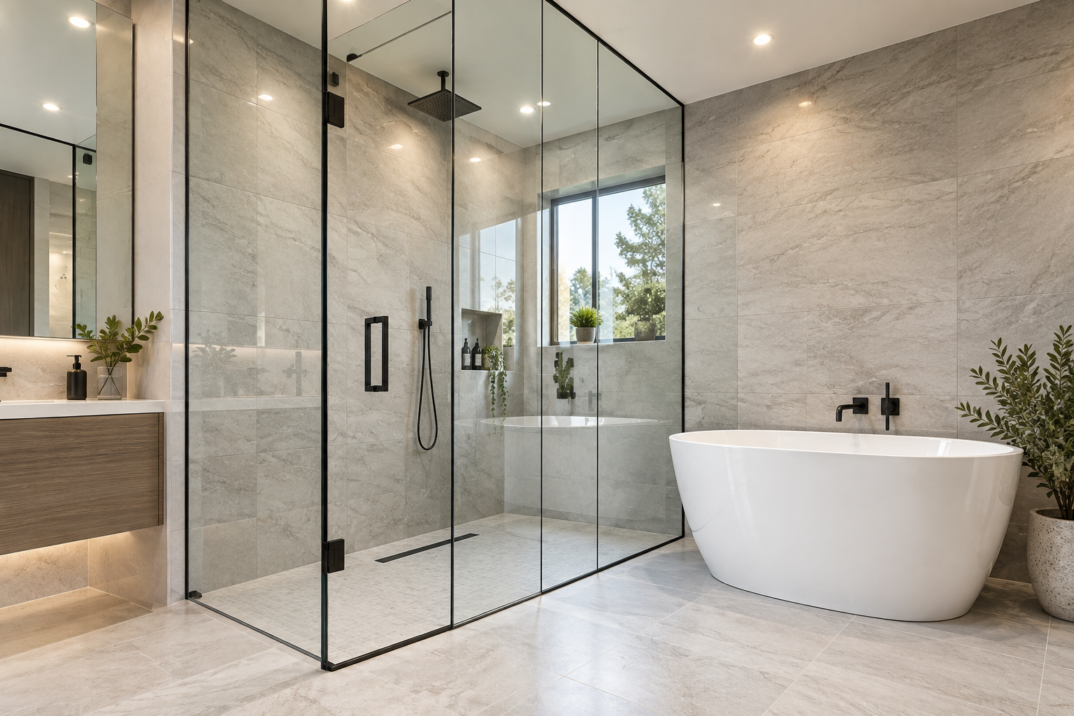 Modern bathroom renovation with a glass shower and freestanding tub