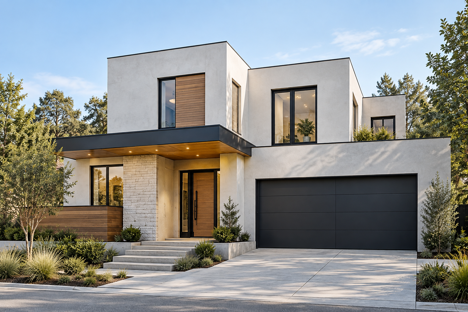 Modern two-story residential construction with a dark garage and warm wood entry