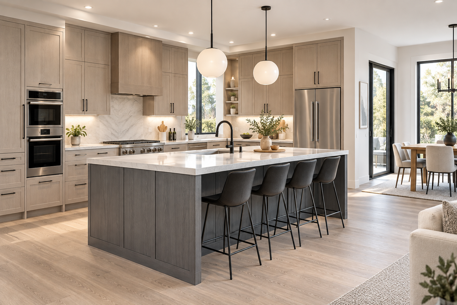 Open-plan remodeled kitchen and living space with a large island