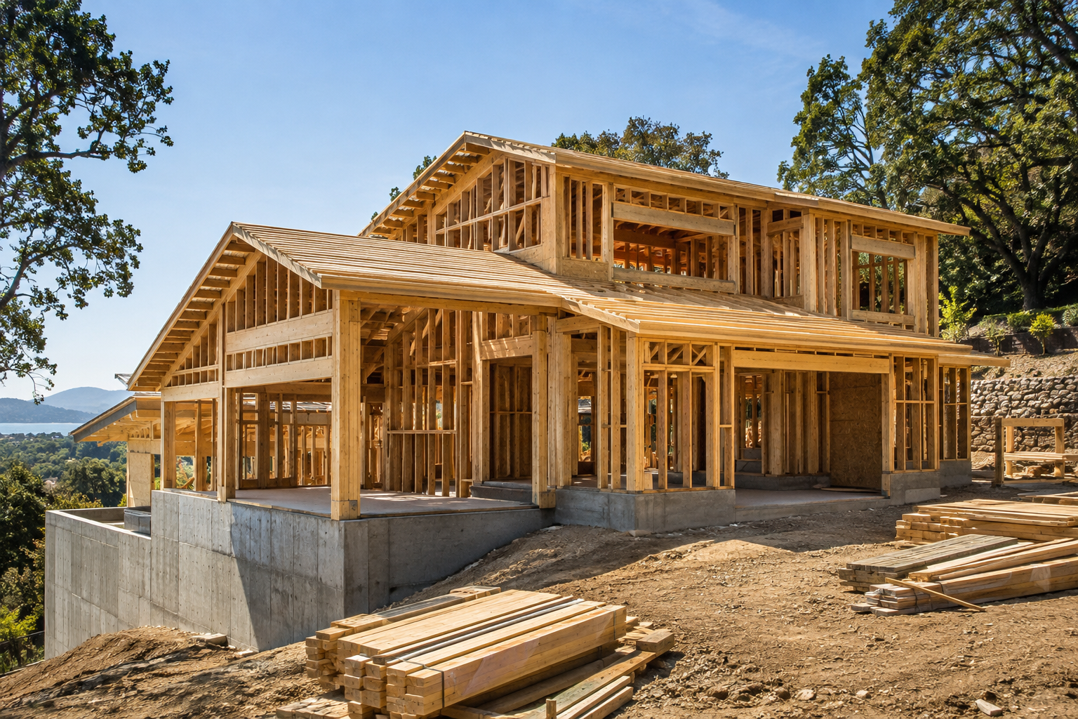Organized residential construction site showing precise timber framing and roof structure