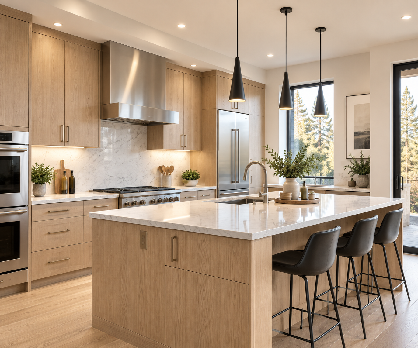 Modern remodeled kitchen with natural wood cabinetry and a central island