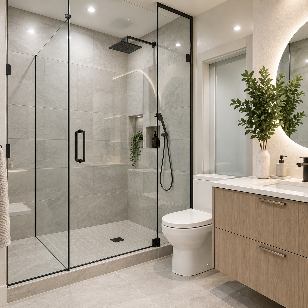 Contemporary bathroom with a glass shower, light wood vanity, and black fixtures