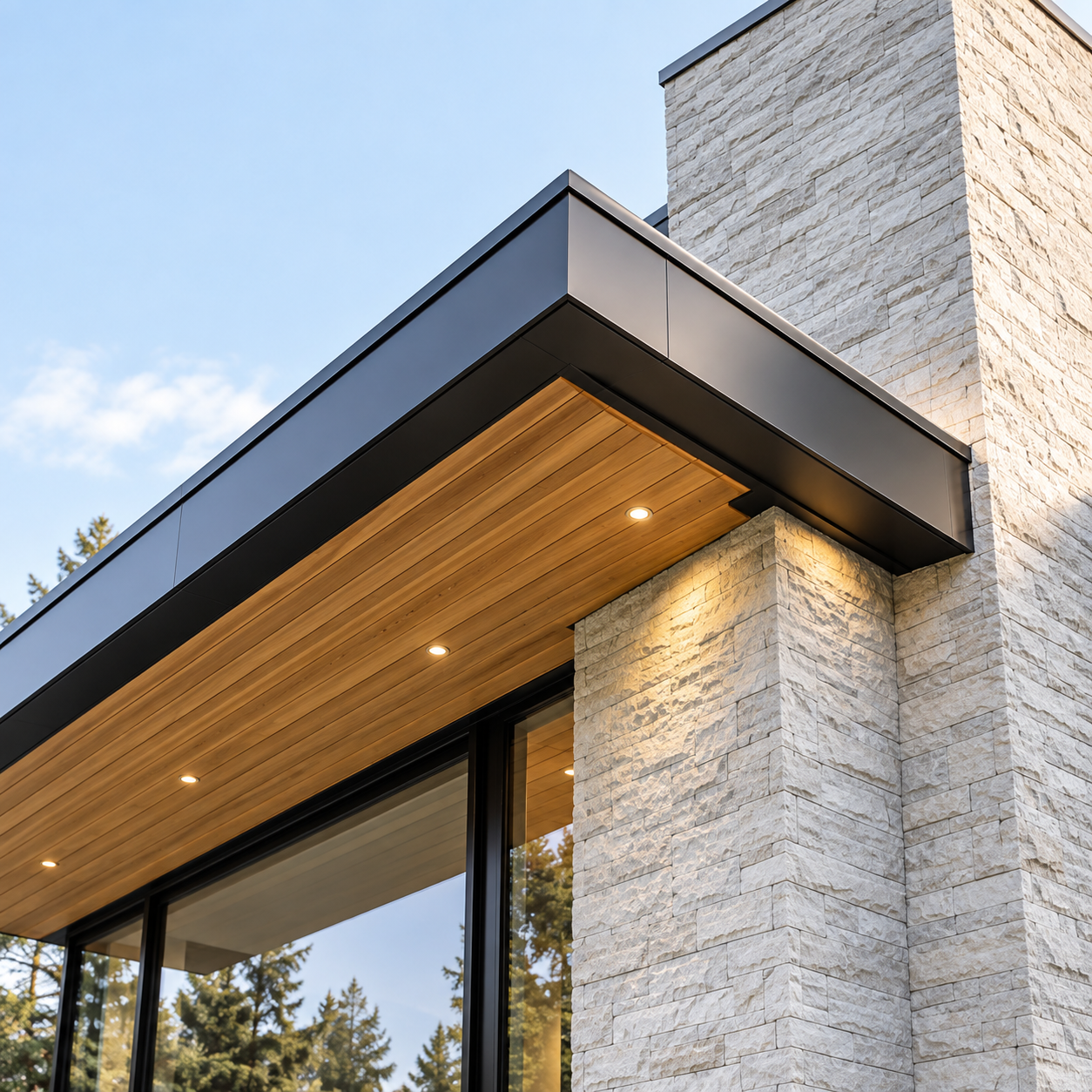 Contemporary residential construction with a stone chimney and cedar soffit
